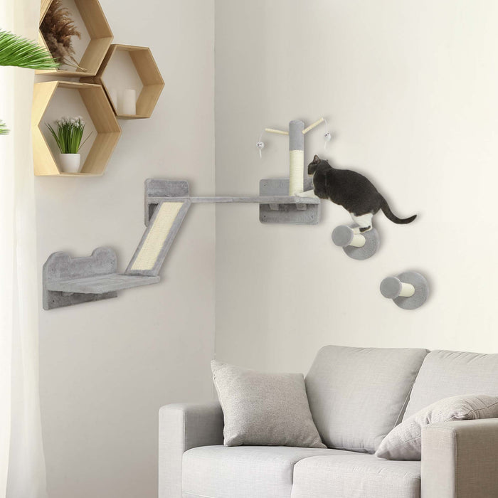 PawHut 3PCs Cat Wall Furniture with Scratching Posts, Scratching Pads, Perches, Cat Wands, Toy Balls, Light Grey | Aosom UK