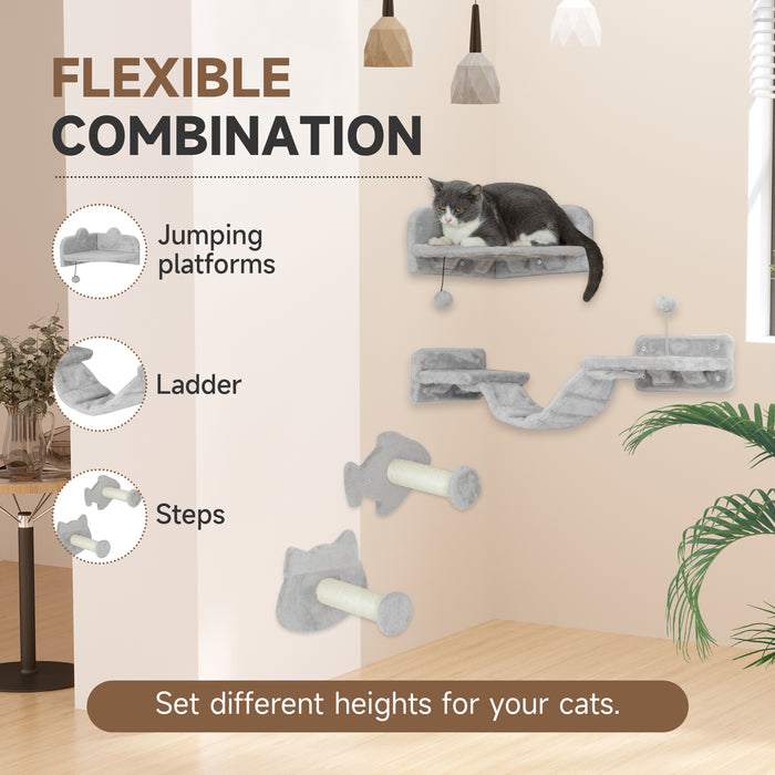 PawHut 4PCs Cat Wall Shelves with Steps, Ladder, Jumping Platforms, Light Grey | Aosom UK