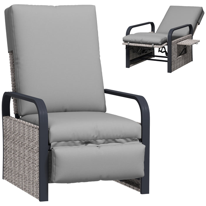 Outsunny Rattan Garden Recliner Chair, Reclining Rattan Chair with Adjustable Backrest and Footrest, Outdoor Lounge Sun Lounger with Cushion, Side Tray and Aluminium Armrests, Light Grey/Dark Grey
