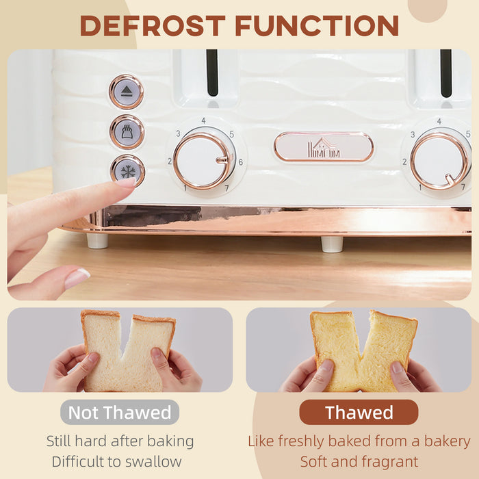 HOMCOM 4 Slice Toaster with 7 Browning Levels, High Lift, Reheat/Defrost/Cancel, Self-centring Function, Removable Crumb Tray, Auto Off, 1600W, Cream White Water Ripple Texture