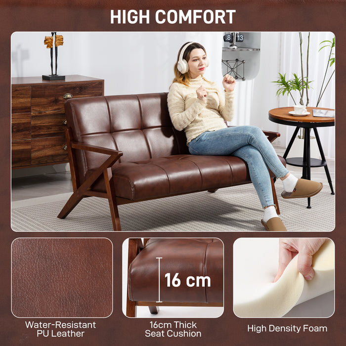 HOMCOM Compact 2 Seater Sofa, Vintage Tufted Loveseat Sofa with Solid Wood Legs, PU Leather Small Couch Settee for Living Room, Bedroom, Home Office, 133 x 81 x 785 cm, Brown