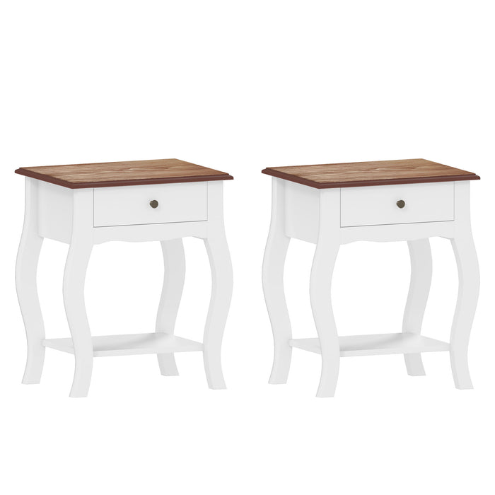 HOMCOM 2pcs Bedside Tables with Drawer, French Style Bedside Cabinets with Open Shelf for Bedroom, Living Room, White