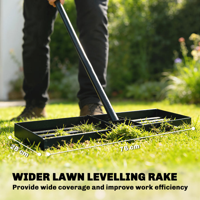 Outsunny Lawn Levelling Rake, 76 x 26 cm Lawn Leveller Lute with 169 cm Handle for Grass Soil Sand Yard Golf Course