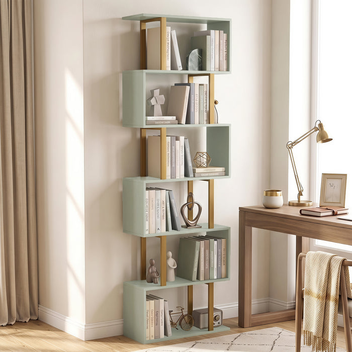 HOMCOM S-Shaped Bookshelf, 5-Tier Bookcase, Freestanding Storage Shelves with Anti-Tip Strap for Living Room, Light Green