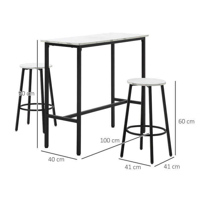HOMCOM 3 Piece Bar Table and Stool Set for 2 with Stools Steel Frame Footrest for Kitchen Living Room Small Space White