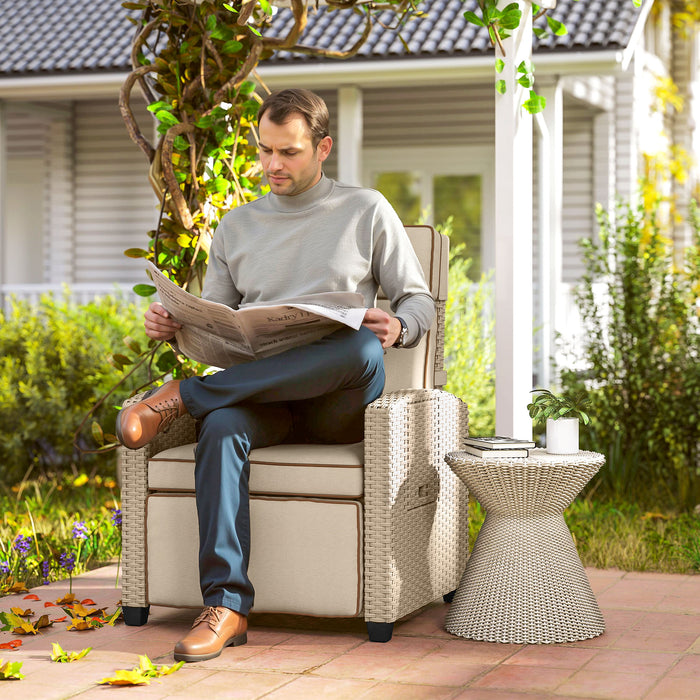 Outsunny Rattan Garden Recliner Chair, Adjustable Backrest Reclining Rattan Chair with Flip Table, Cushion and Footrest, Indoor Outdoor Lounge Reclining Sun Lounger for Patio, Yellow/Beige