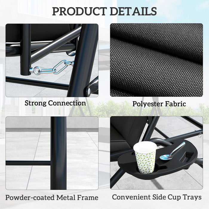 Outsunny 3 Seater Garden Swing Seat Bed with UPF30+ Adjustable Canopy, Convertible Swing Chair with Cushion, Outdoor Hammock Bench with Cup Trays for Balcony Patio, Black