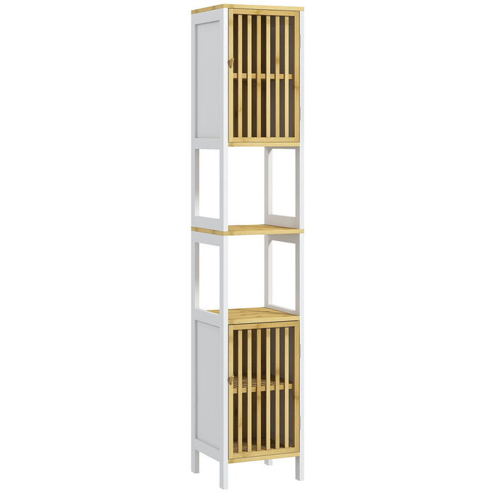 HOMCOM Bamboo-Blend Retro Cut-Out Tall Bathroom Storage Unit