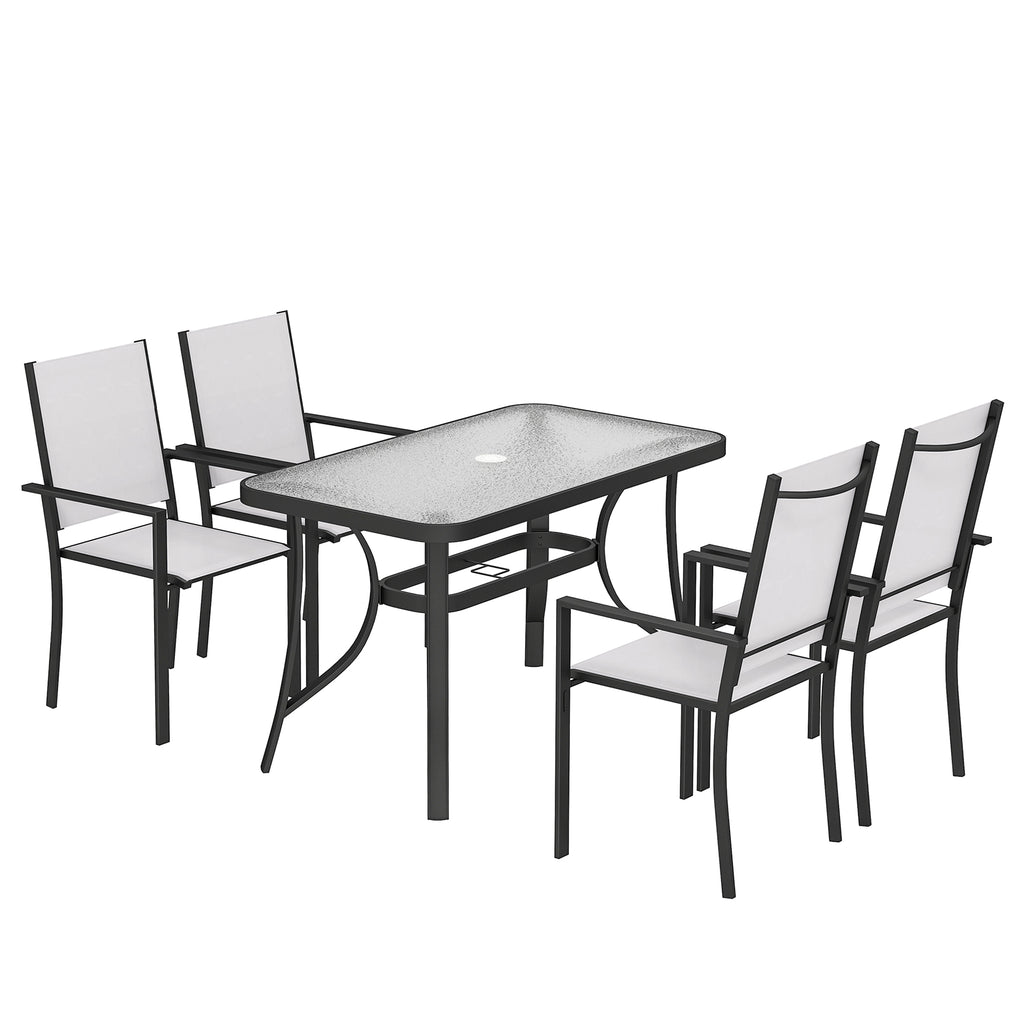 Outsunny Garden Dining Set for 4 with Umbrella Hole, Stackable Chairs and Rectangular Glass-Top Outdoor Table, Light Grey