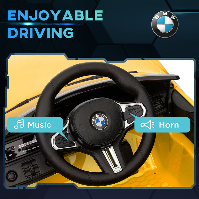 BMW M4 Kids Ride-On Car - 12V Battery-Powered with Remote Control, Suspension, Music Player, Horn, LED Lights - Interactive Playtime for Children in Bright Yellow
