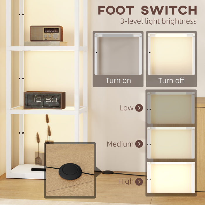 HOMCOM LED Floor Lamp with Glass Shelves, 4 Layers Dimmable Tall Standing Lamp, Modern Column Shelf Floor Light for Living Room, Bedroom, Office, White