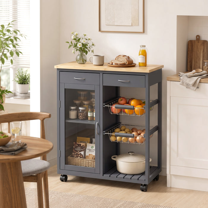 HOMCOM Bamboo Kitchen Island, Rolling Kitchen Trolley with Glass Door, 2 Metal Wire Baskets and Adjustable Shelf, Grey