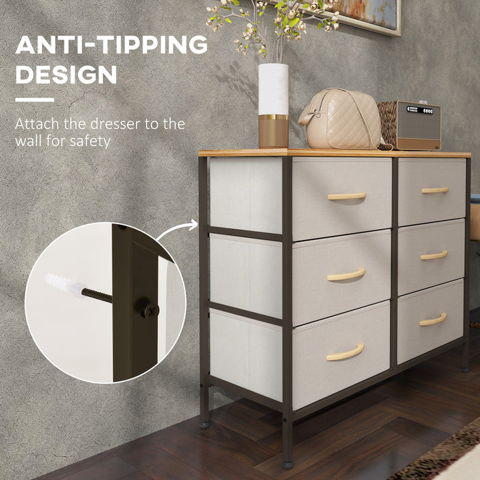 HOMCOM Fabric Chest of Drawers, Industrial Storage Bedroom Dresser with 6 Fabric Drawers, Steel Frame and Wooden Top for Nursery, Living Room, Hallway, Cream White