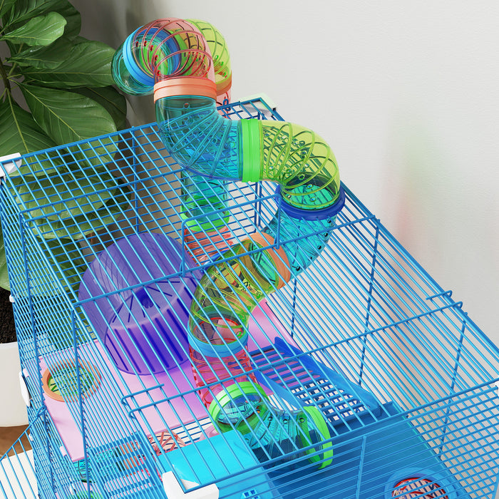 PawHut 5 Tier Hamster Cage Carrier Habitat w/ Exercise Wheels, Tunnel, Blue