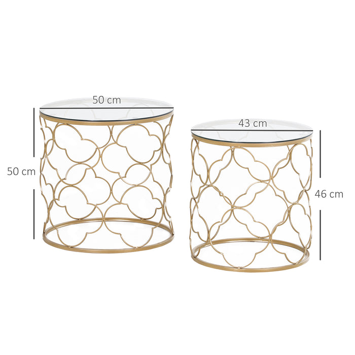 HOMCOM Nesting Tables Set of 2, Modern Stacking Side End Table with Tempered Glass Top, Metal Frame for Living Room Bedroom Office, Gold Tone