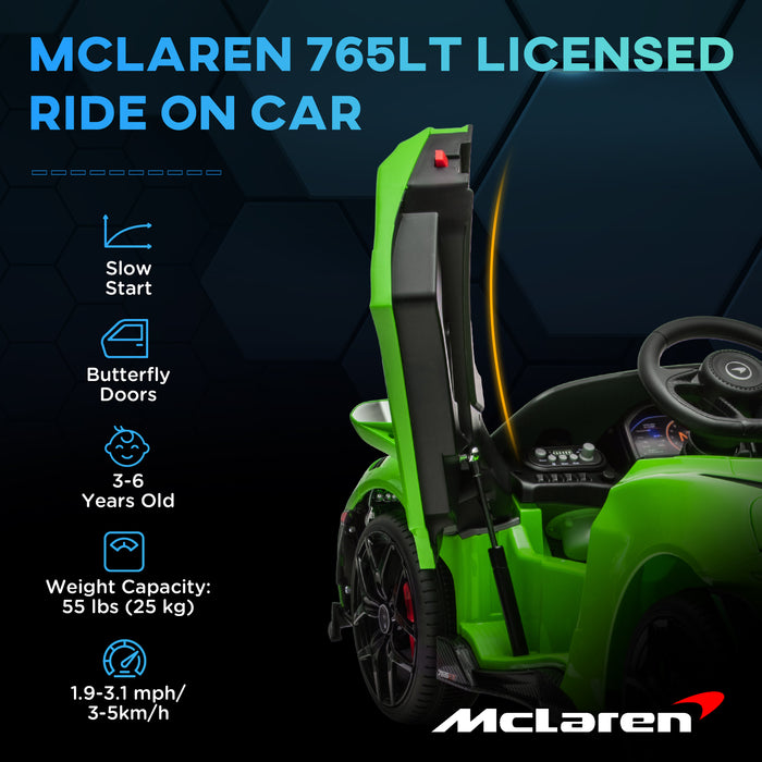 AIYAPLAY McLaren 765LT Licensed 12V Kids Electric Ride on Car with Butterfly Doors Remote Control Training Wheels Green | Aosom UK