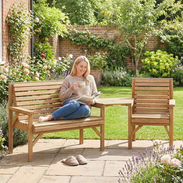 Outsunny Wooden Garden Furniture Set , 1 Chair, 1 Bench and Detachable Table, Natural Wood Finish