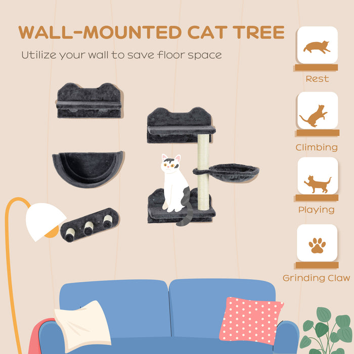 Wall-Mounted Cat Shelving Set with Accessories - Includes Scratching Post, Hammock, and Cozy Nest in Dark Grey - Perfect for Playful Felines & Space-Saving Pet Furniture