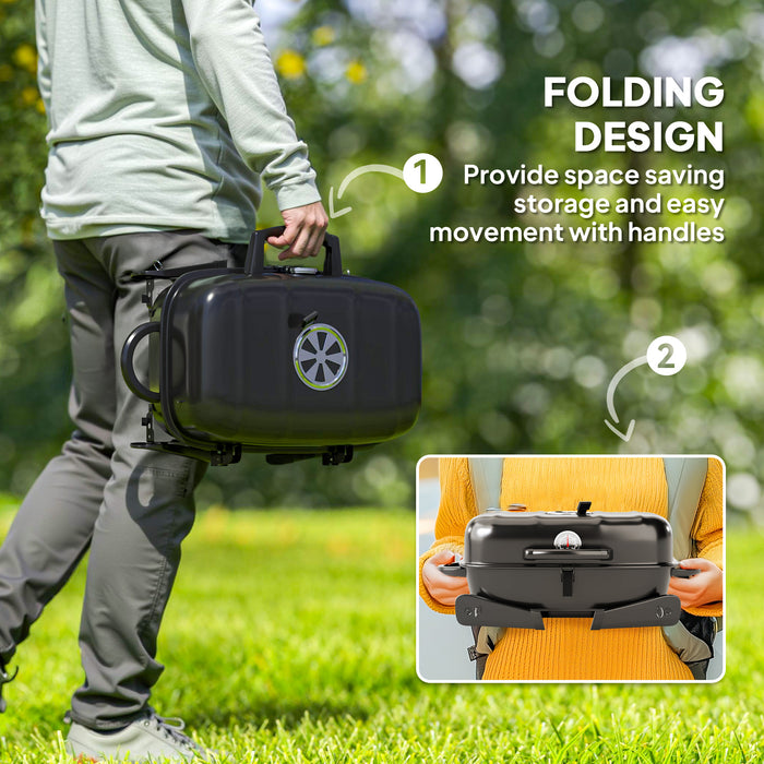 Outsunny Charcoal Barbecue Grill Folding BBQ Grill with 1232 cm² Cooking Area, Adjustable Vent, Thermometer, Handles for Camping Picnic, Black
