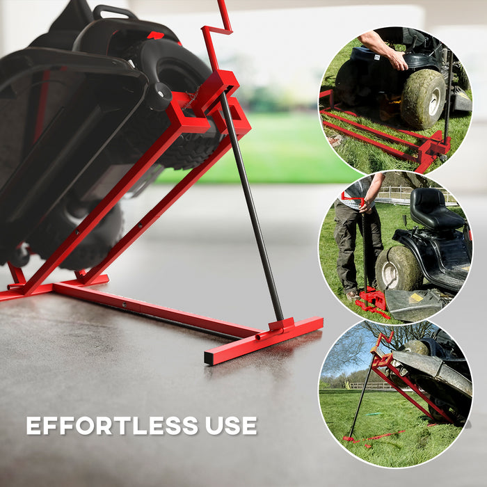 HOMCOM 400 kg Foldable Ride-On Mower Jack Lift, Adjustable Steel Lifting Device, for Lawn Mower, ATV, Red