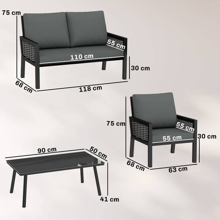 Outsunny 4 Seater Rattan Garden Furniture Set with 2 Armchairs, Loveseat, Coffee Table, Garden Sofa Set with Cushions, Dark Grey