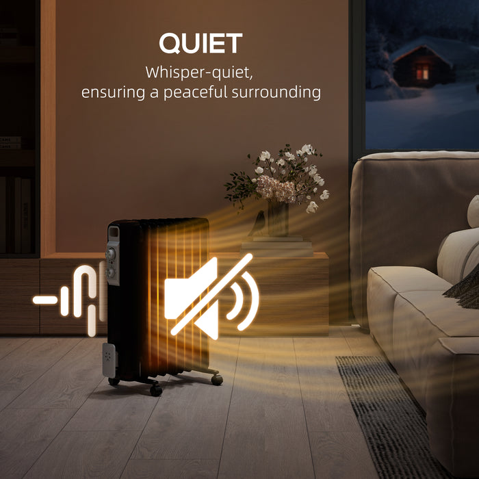HOMCOM 2000W Quiet Oil Filled Radiator, 9 Fin Energy Efficient Portable Electric Heater with 3 Heat Settings, Adjustable Temperate, Safety Tip Over, Overheat Protection, Wheels, for Home, Black | Aosom UK