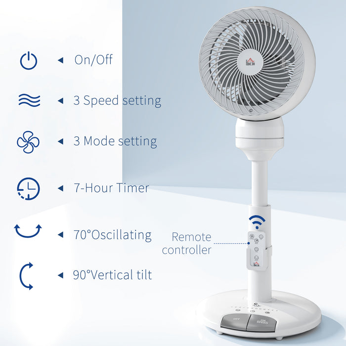 HOMCOM 9'' Air Circulator Fan 3 Speed 3 Mode, 70° Oscillation 90° Vertical Tilt, Height Adjustable, Remote Controller, for Living Room, Bedroom, Office, White
