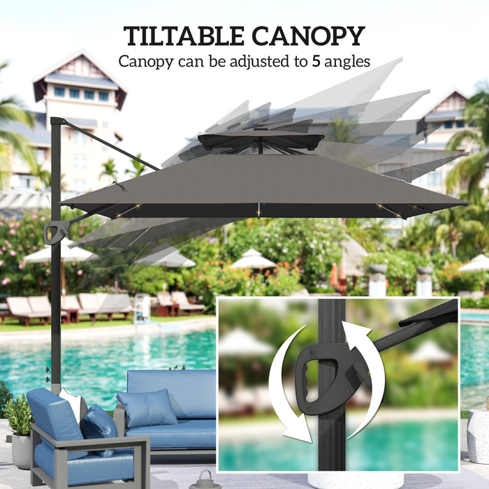 Outsunny 3.5x3 m Garden Cantilever Parasol with Solar LED Lights and Centre Light, Aluminium Large Square Patio Umbrella, UPF50+ Hanging Sun Shade with Cross Base, Crank Handle and Tilt, Grey