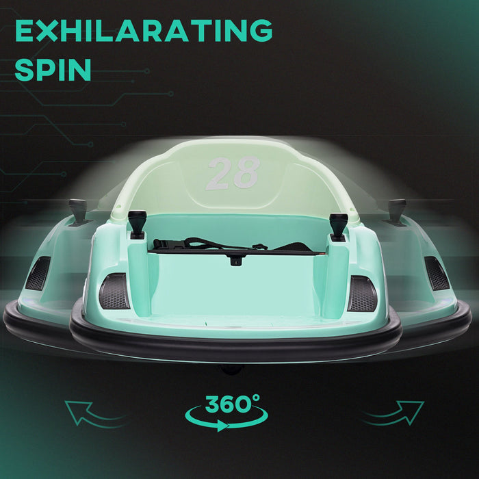 AIYAPLAY 360° Rotation Kids Bumper Car, 12V Waltzer Car with Remote Control, Dual Joysticks, Music Lights - Green | Aosom UK