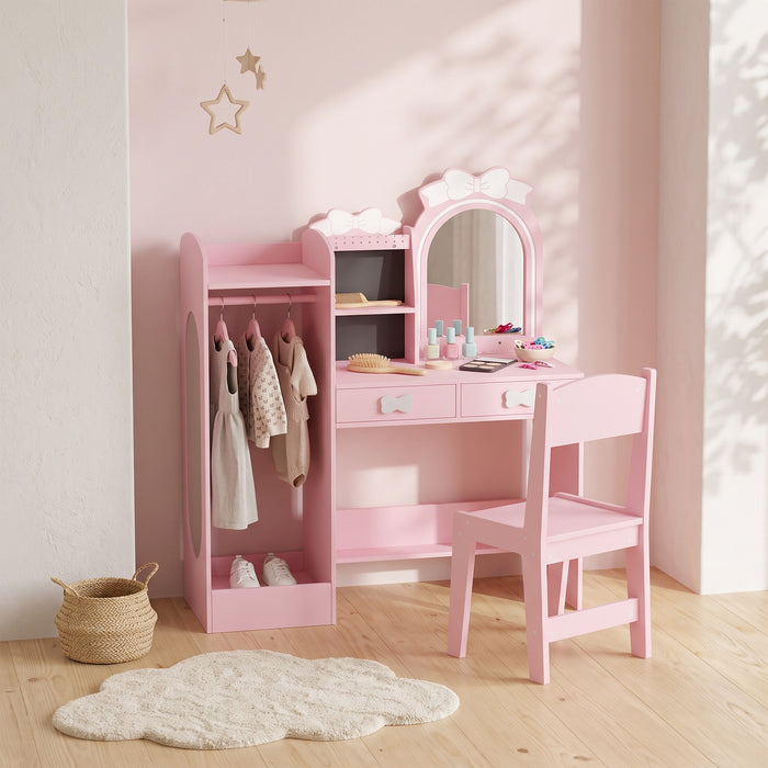 AIYAPLAY Kids Dressing Table, 3-in-1 Girls Vanity Set with Stool, 2-Colour Lights Mirror, Clothes Rack for Ages 3-8, Pink