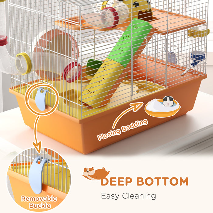 Trio-Tier Gerbil Haven - Spacious Hamster Cage with Fun Tubes and Exercise Wheel, Includes Ladder and Top Handle - Ideal Pet Home for Small Rodents, 45x28x37 cm, Vibrant Orange