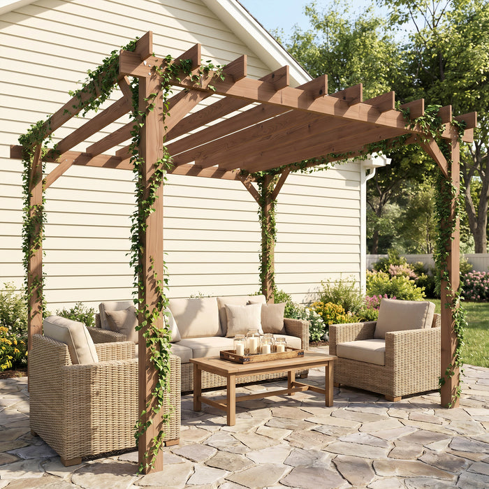 Outsunny 3 x 3 m Wooden Pergola Kit, Garden Pergola Gazebo Grape Trellis with Triangle Supports, Maple Wood-effect