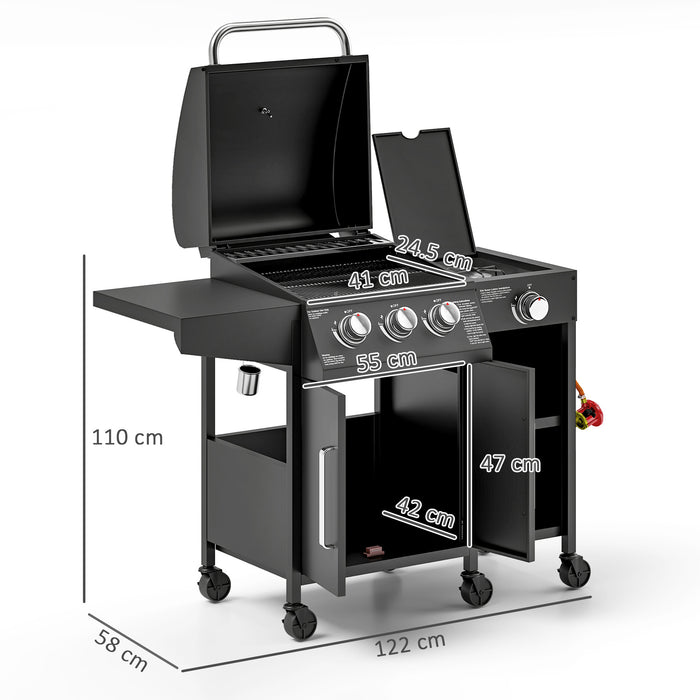 Outsunny 3+1 Burner Gas BBQ Grill with Storage Cabinet and Shelves, 11.6 kW Gas Barbecue Trolley with 6 Castor Wheels, Warming Rack, Thermometer for Outdoor Cooking Garden Party, Black