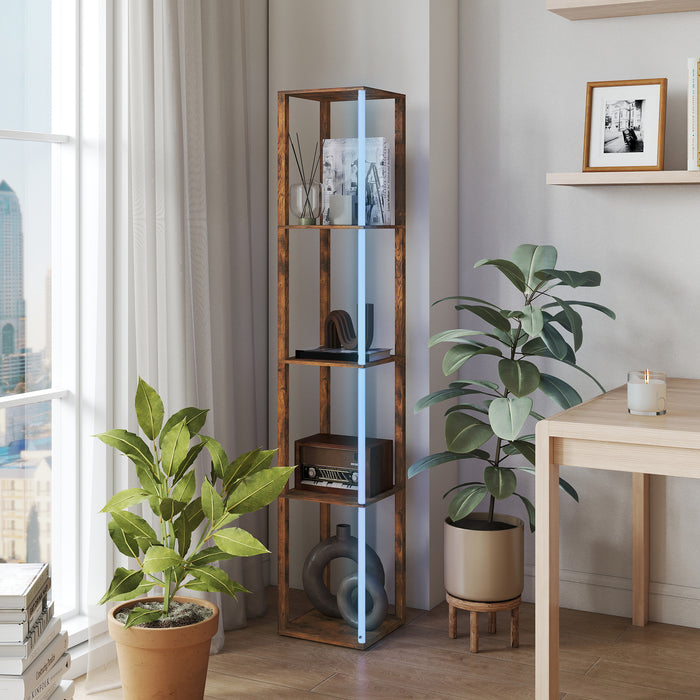 HOMCOM RGB LED Floor Lamp with Shelves, Modern Dimmable Standing Lamp with Remote Control, Adjustable Brightness & Speed for Living Room, Bedroom, Office, Rustic Brown