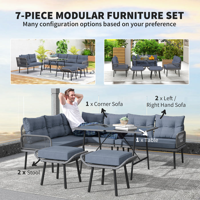 Outsunny 6 Piece Rattan Garden Furniture Set, 8 Seater Garden Corner Sofa with Cushions and Glass Top Table, Sectional Outdoor Furniture Conservatory Set for Patio, Charcoal Grey