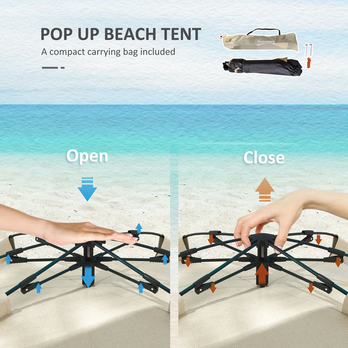 Pop-Up Beach Tent for 2-3 People - UPF 15+ Sun Protection, Extended Floor, Mesh Windows, Sandbag Anchors - Ideal for Sun Shelter and Outdoor Activities