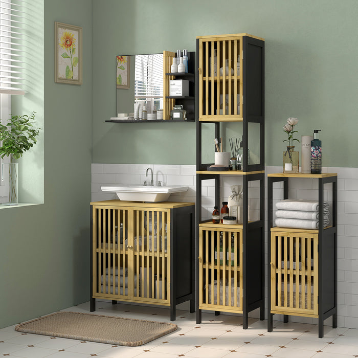 Slim Bamboo Bathroom Cabinet with Open Shelves and Slatted Doors - Tall Storage Unit with Adjustable Shelving in Black - Ideal Organizer for Toiletries and Linens