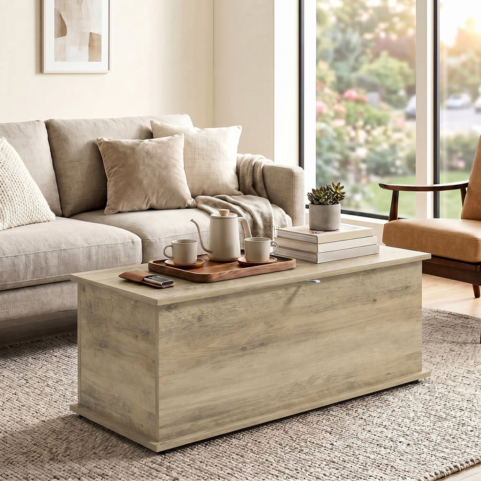 HOMCOM Large 114L Storage Chest Grey Wood Bench Trunk with Safety Lid for Bedroom Hallway and Living Room 100 x 40 x 40cm