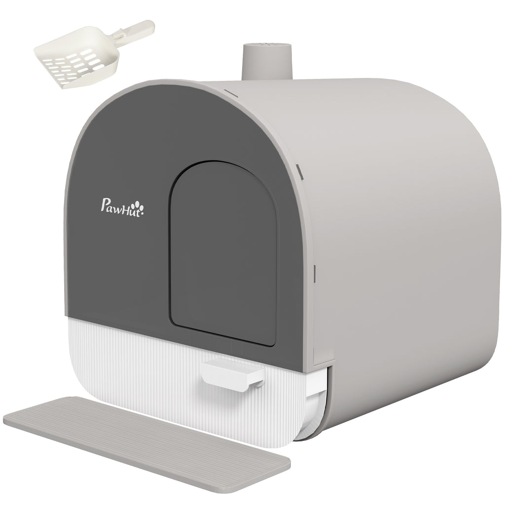 Hooded Kitten Litter Box with Accessories - Enclosed Cat Tray, Includes Scoop & Filter, with Flap Door - Easy Clean System for Pet Owners, Light Grey