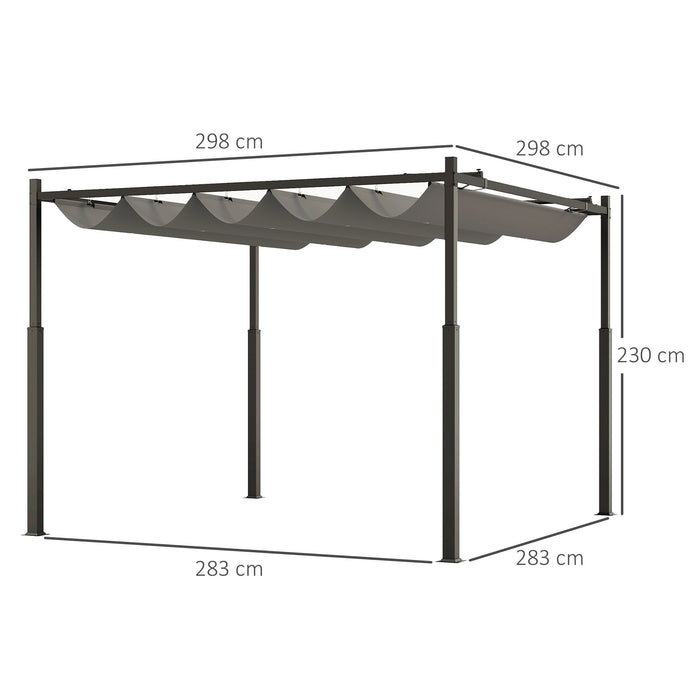 Outsunny 3 x 3(m) Garden Pergola with Retractable Roof and Magnetic Fixture, Outdoor Pergola Kit Sun Shade Canopy, UPF30+, 80mm Metal Column, Grey