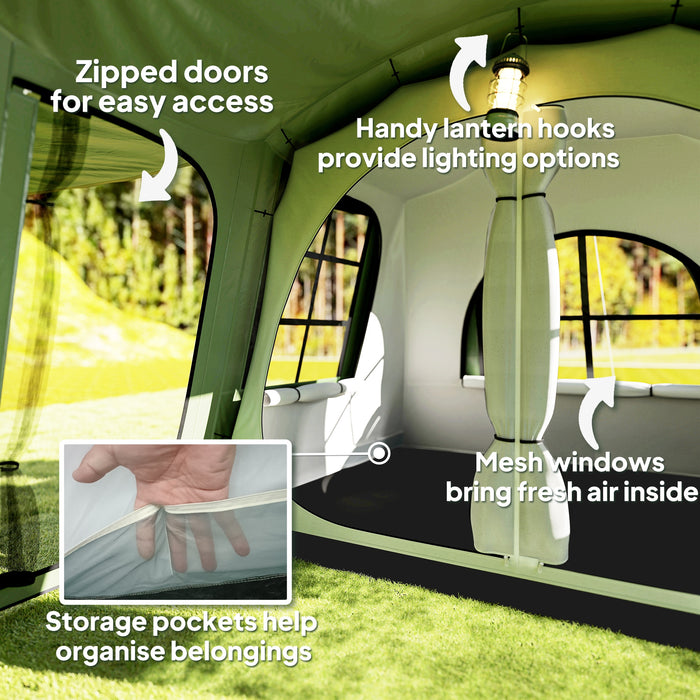 Outsunny 3-4 Man Tunnel Tent, Family Camping Tent with Porch, Bedroom and Living Area, Sewn in Groundsheet, 3000mm Waterproof, Portable with Bag for Hiking, Festival, Backpacking, Green