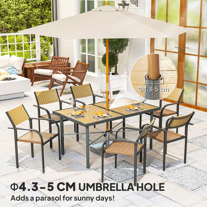 Outsunny Garden Table for 6, Outdoor Dining Table with 5cm Umbrella Hole, Wood Effect Top, Rust Resistant Frame, for Patio, Balcony, Terrace, 150 x 90 cm