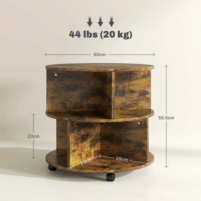 HOMCOM Round Coffee Table with Wheels, 3-Tier Rolling Side Table for Living Room with Divided Shelves, Rustic Brown | Aosom UK
