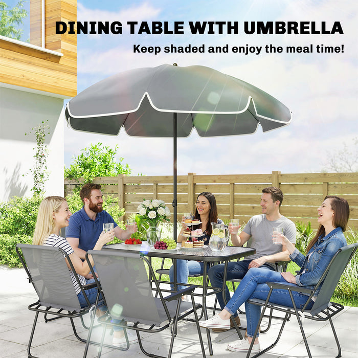 Outsunny 8 Piece Garden Dining Set with Umbrella, Garden Furniture Set with 6 Folding Chairs, Tempered Glass Table for Patio Grey
