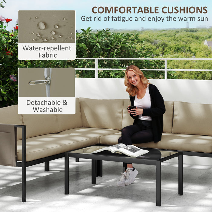 Outsunny 4 Piece Metal Garden Furniture Set with Tempered Glass Coffee Table, Breathable Mesh Pocket, Outdoor Conversational Corner Sofa Loveseat with Padded Cushions, Khaki