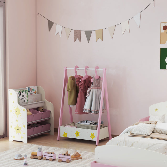 AIYAPLAY Baby Clothing Rack with Hangers, Storage Shelf for Bedroom, Star Theme, for Ages 3-6, Pink