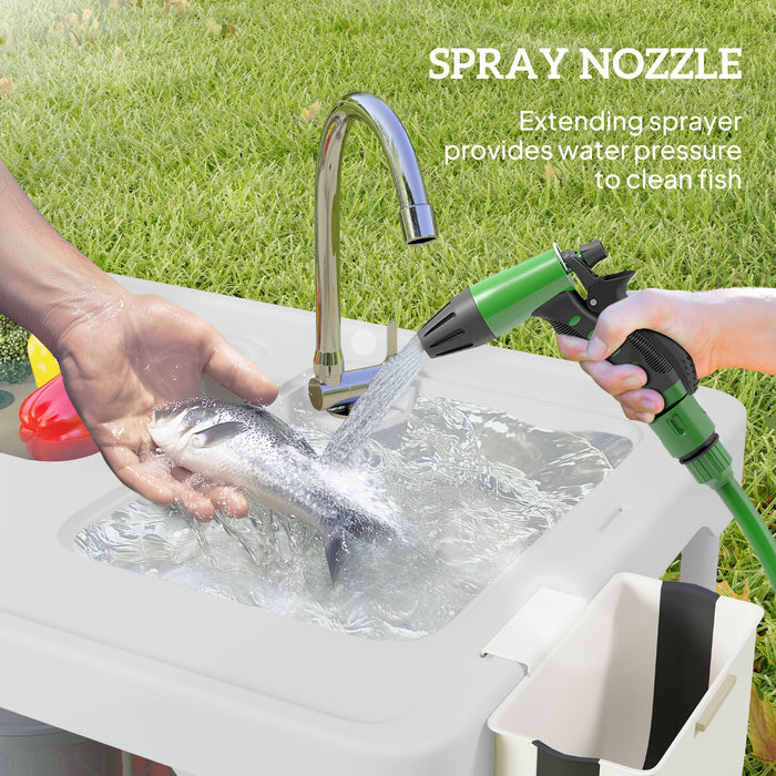 Outsunny Folding Fish Cleaning Table with Sinks, Portable Camping Sink Table with Faucet, Drainage Hose