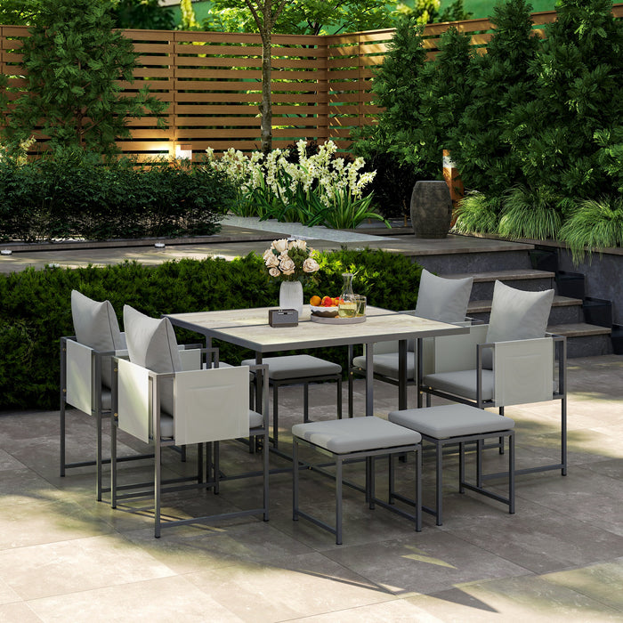 Outsunny 9 Piece Garden Dining Set, Cube Outdoor Garden Furniture Set with Cushions, 8 Seater Garden Table and Chairs with 4 Stools, Square PSPC Plastic Top Table, Side Pockets for Patio, Grey