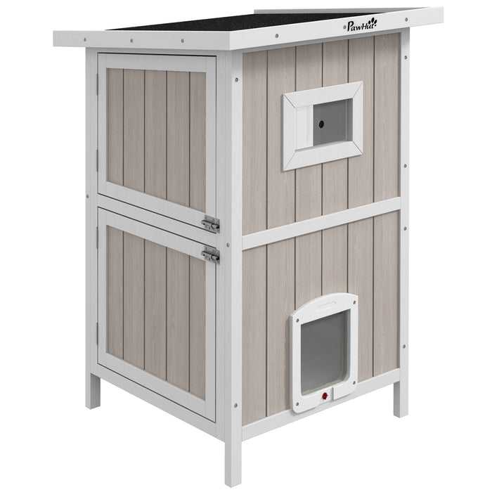 2-Tier Wooden Cat House with Asphalt Roof and Escape Doors - Weatherproof Outdoor Cat Shelter with Removable Floor - Ideal for 1 to 2 Cats, Light Grey