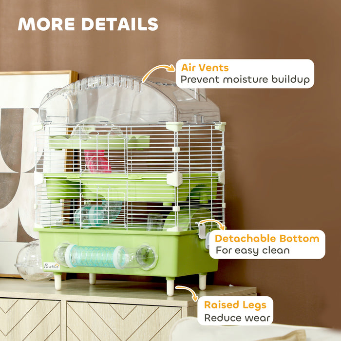 PawHut 3-Tier Hamster Cage with Transparent Top, Sand Bathroom, Exercise Wheel, Hideout Room, Tubes, 45 x 28 x 60 cm, Green